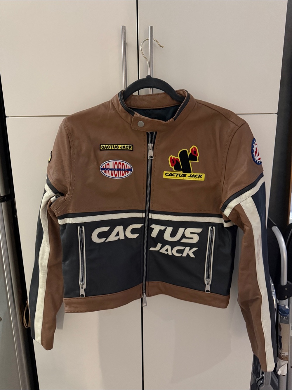 Jordan Cactus Jack Brown and Black Leather Racing Jacket